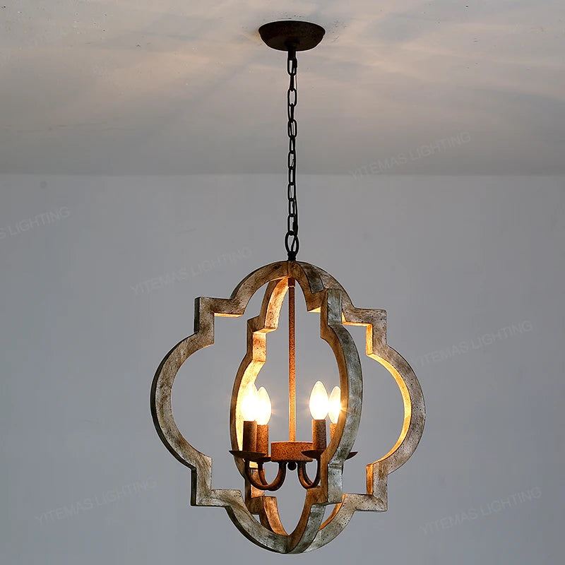 Vintage lustre en bois massif éclairage à la maison style français américain pour salon chambre à manger cuisine rétro blanc 4 lumières - vue 3 sur 10