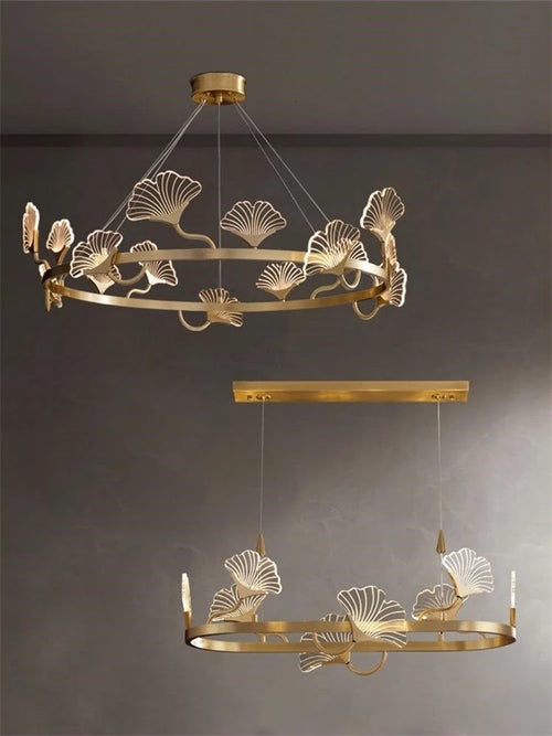 lustre en cuivre simple avec feuilles led style chinois - vue 7 sur 9