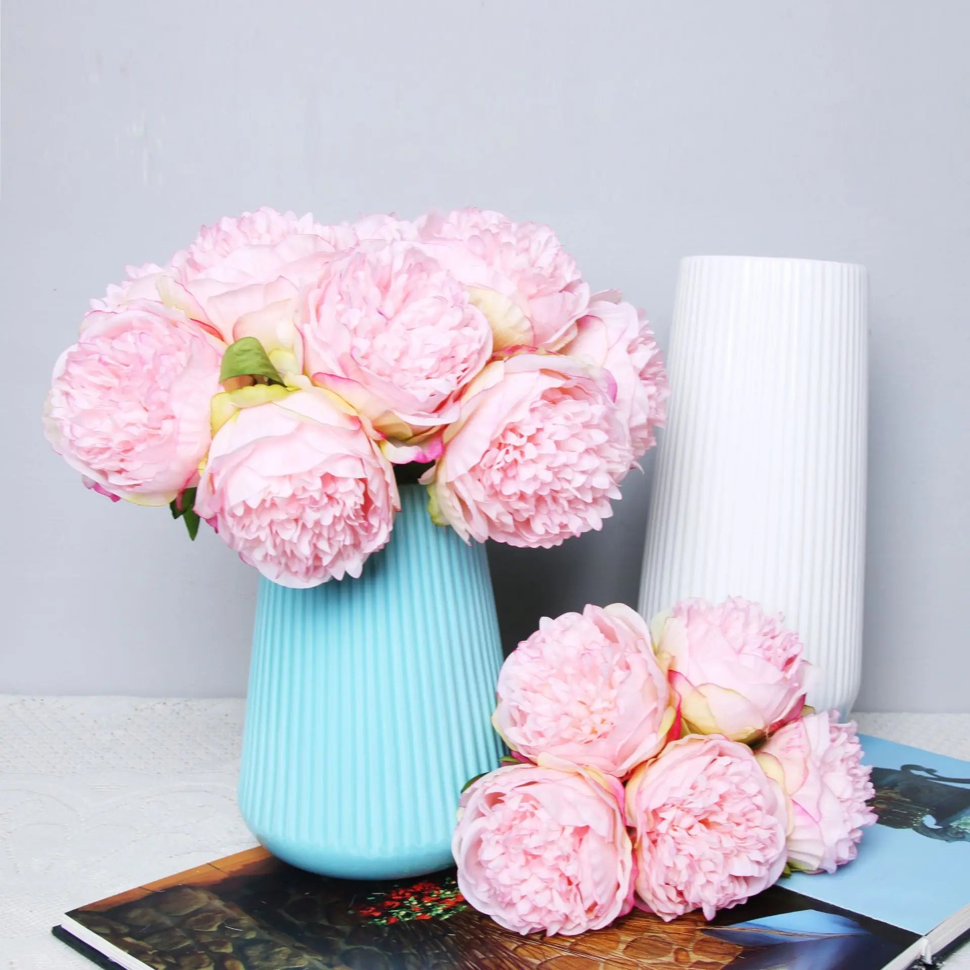 bouquet de 5 têtes de roses et pivoines artificielles pour mariage décoration - vue 2 sur 13