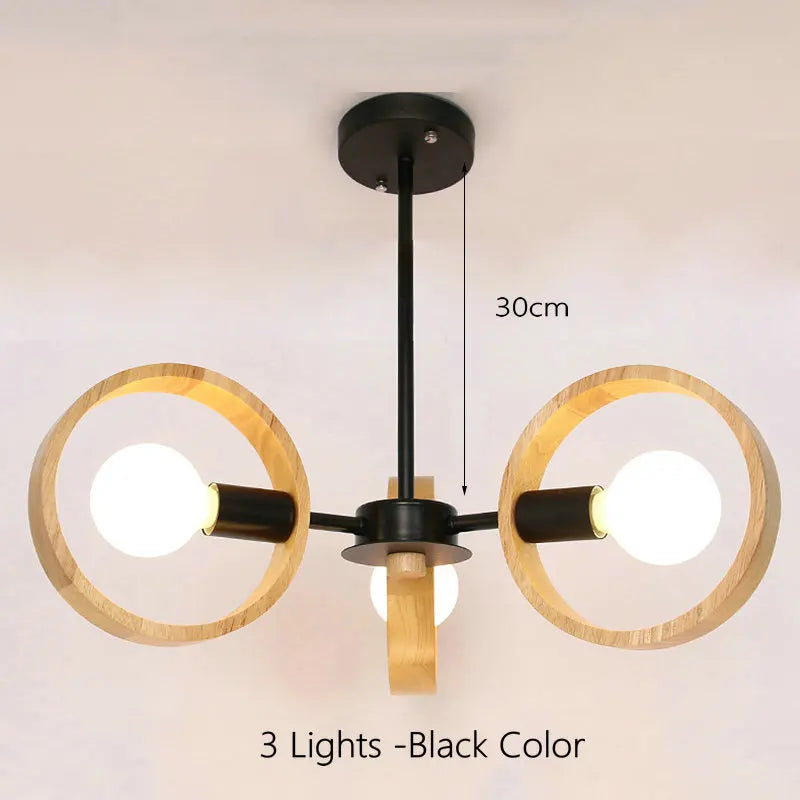 Lampe de lustre en bois nordique pour salon chambre salle à manger décor abat-jour en bois rond noir E27 Suspension - vue 10 sur 12