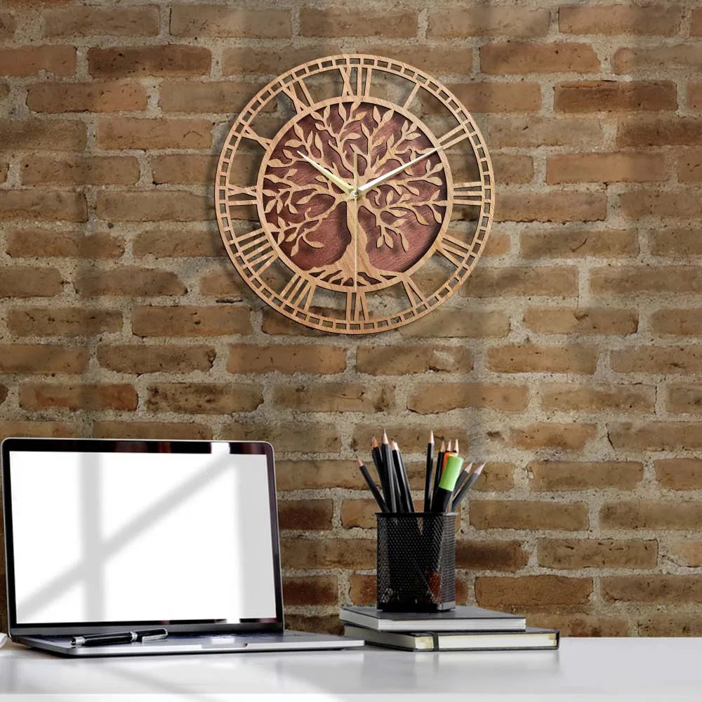 horloge murale en bois arbre de vie style ferme décorative et silencieuse - vue 7 sur 7
