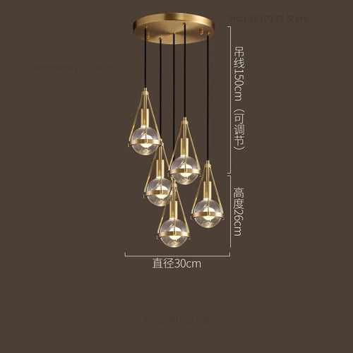 suspension luminaire loft led en cuivre cristal nordique - vue 13 sur 12