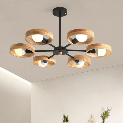 Lampe de lustre en bois nordique pour salon chambre salle à manger décor abat-jour en bois rond noir E27 Suspension - vue 2 sur 12