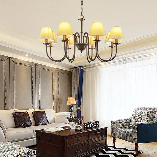 Lustre de pays européen et américain classique en fer forgé salon chambre lampe salle à manger tissu abat-jour lustre - vue 4 sur 15