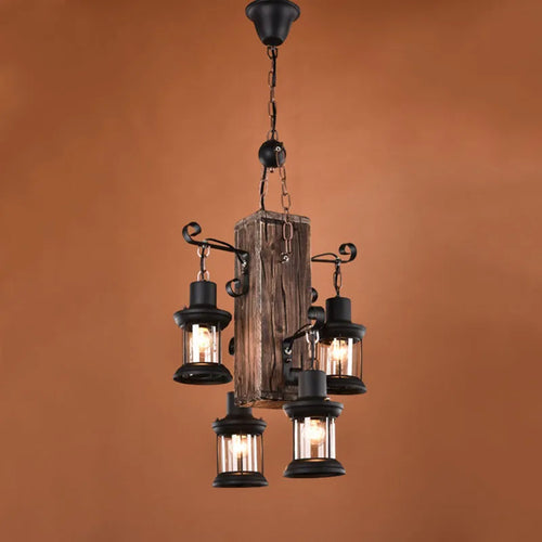 lustre rétro en bois 4 têtes pour hôtel café restaurant - vue 3 sur 7