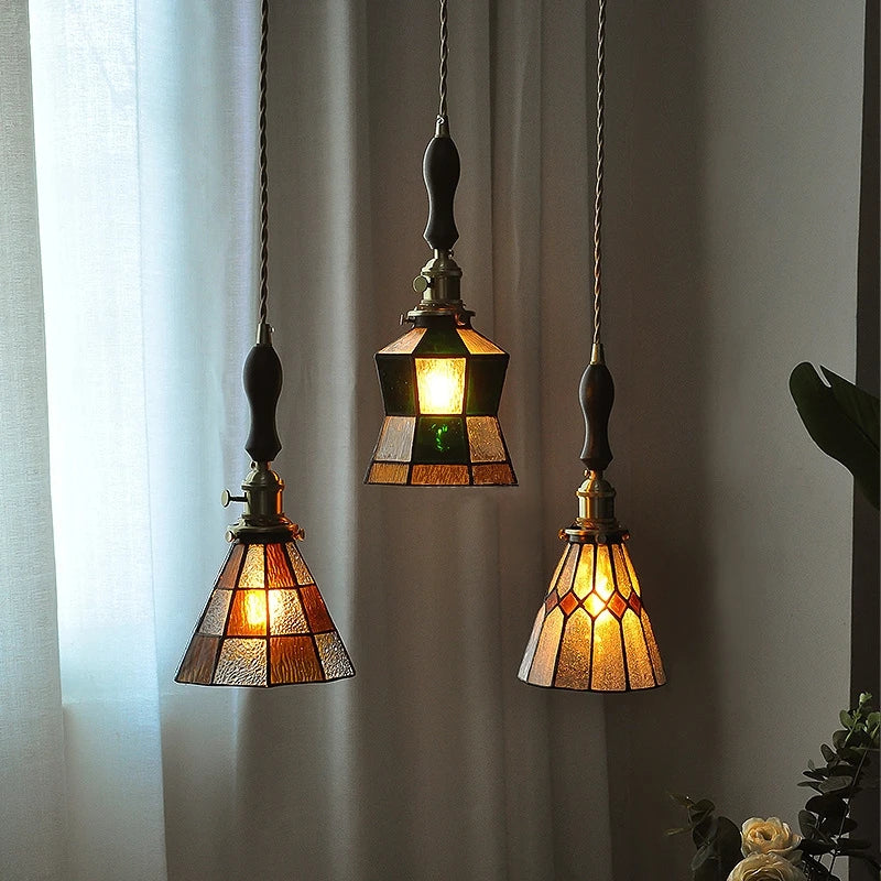 petit lustre nordique en cuivre avec verre coloré - vue 3 sur 14