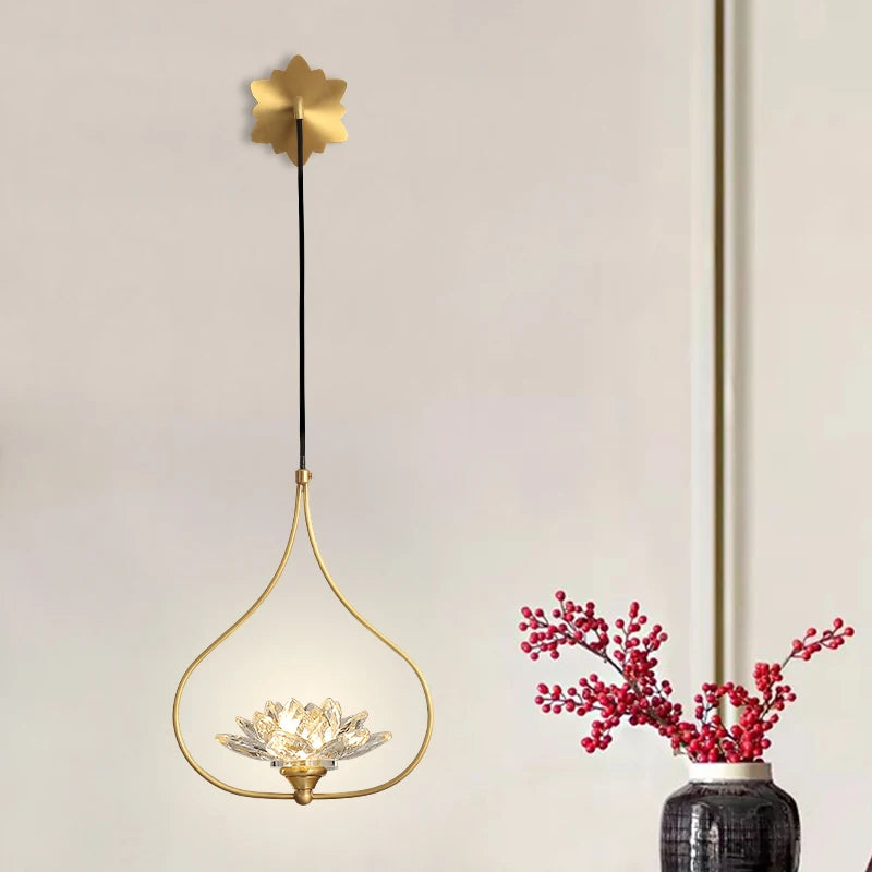 Étude G9 LED Lotus appliques murales pour salon Restaurant lecture éclairage chinois cuivre longue applique murale en cristal Lampara Pared - vue 4 sur 6