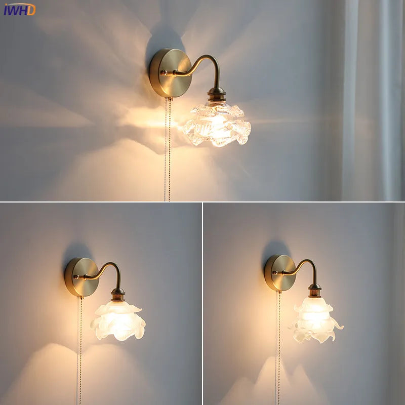 Applique murale fleur verre cuivre tirer chaîne interrupteur LED chambre salle de bain miroir escalier lumière nordique moderne - vue 4 sur 22