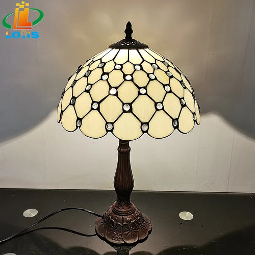 12 Inch European Crystal Bead Glass Table Lamp Tiffany Style Study Room Reading Bar Table Lighting Simple Retro Art Metal Base - vue 3 sur 5