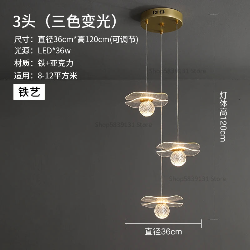 lustre moderne en acrylique et cuivre led feuille de lotus - vue 16 sur 18