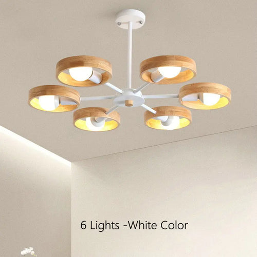 Lampe de lustre en bois nordique pour salon chambre salle à manger décor abat-jour en bois rond noir E27 Suspension - vue 9 sur 12