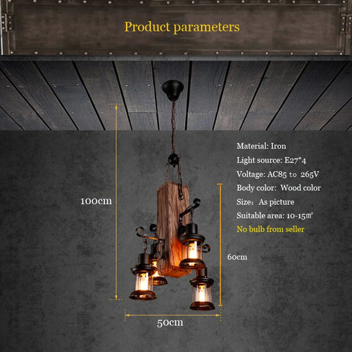 Suspension industrielle en bois avec luminaire en verre - vue 3 sur 7