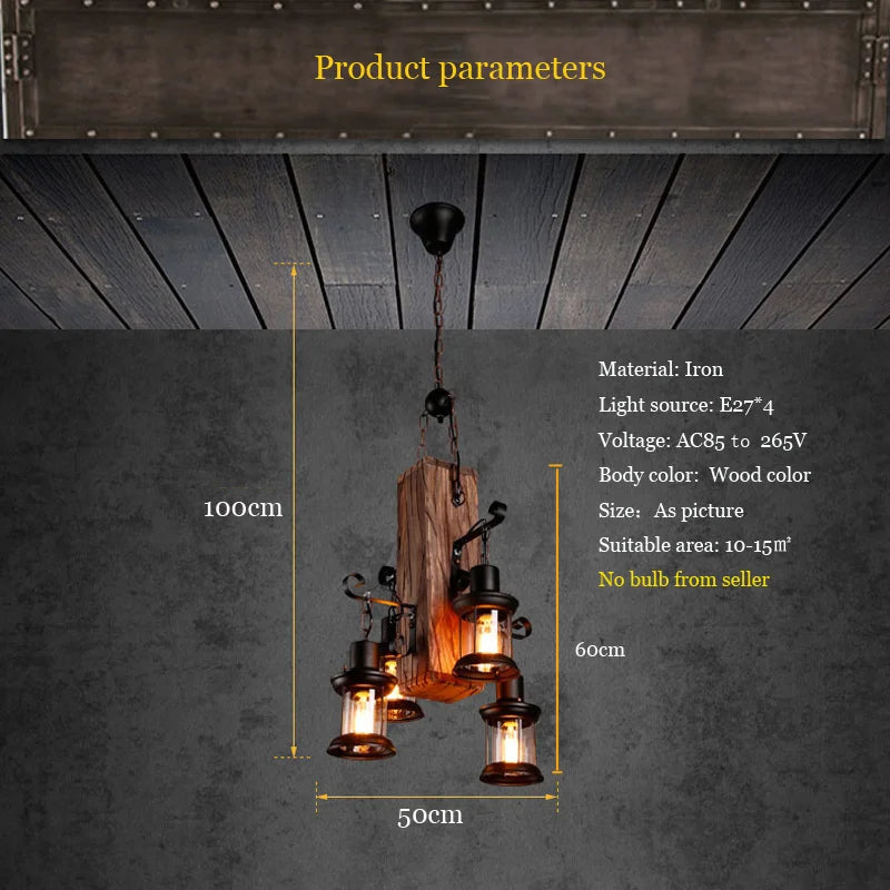 Suspension industrielle en bois avec luminaire en verre - vue 3 sur 7