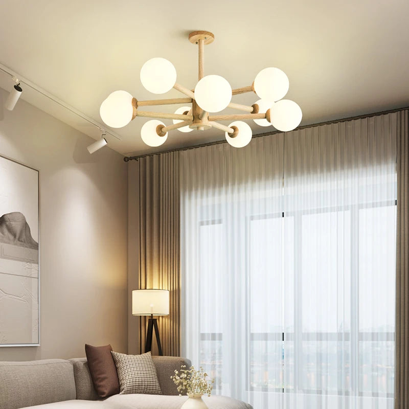 lustre nordique led en bois massif moderne rond - vue 3 sur 10