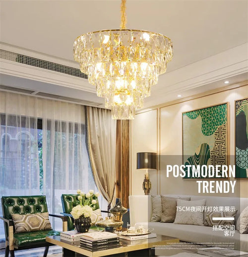 lustre rond en acier doré avec cristal et éclairage led intérieur - vue 5 sur 9