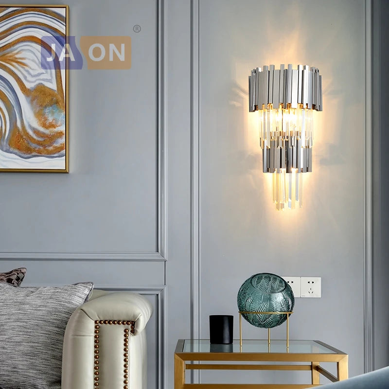applique murale en cristal transparent chromé doré design élégant - vue 3 sur 12