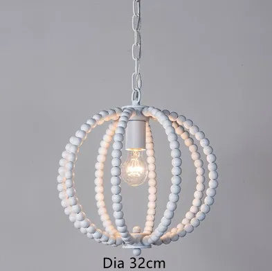 lustre rond en perles de bois style rétro rustique en fer blanc - vue 11 sur 11