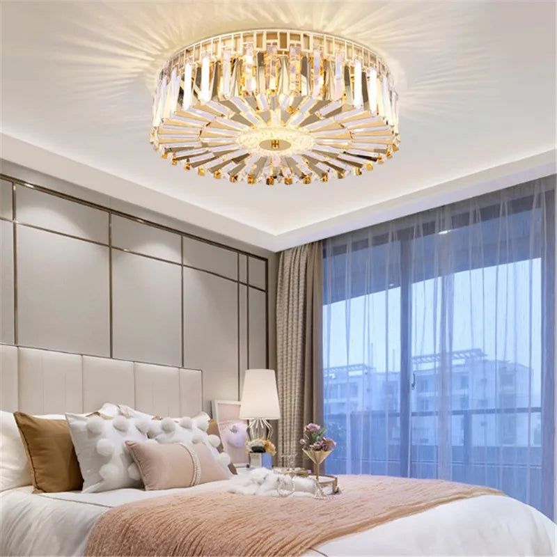 plafonnier moderne rond en cristal doré pour intérieur élégant - vue 5 sur 6