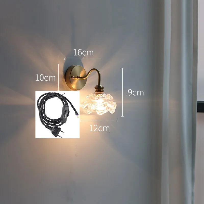 Applique murale fleur verre cuivre tirer chaîne interrupteur LED chambre salle de bain miroir escalier lumière nordique moderne - vue 16 sur 22