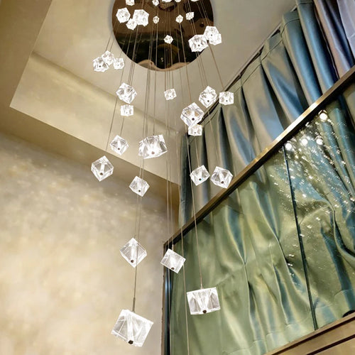 lustre en cristal carré moderne pour escalier et restaurant - vue 5 sur 14