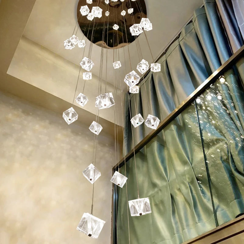 lustre en cristal carré moderne pour escalier et restaurant - vue 4 sur 14