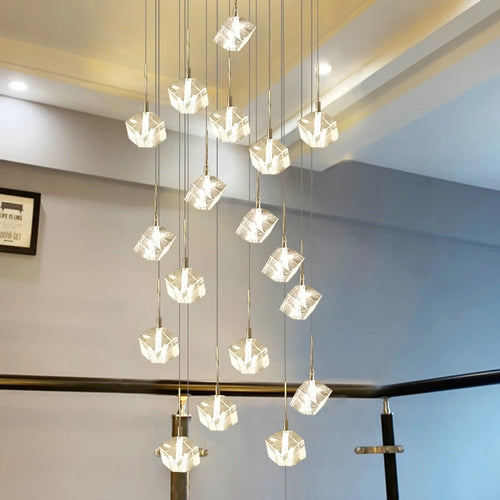 lustre en cristal carré moderne pour escalier et restaurant - vue 3 sur 14