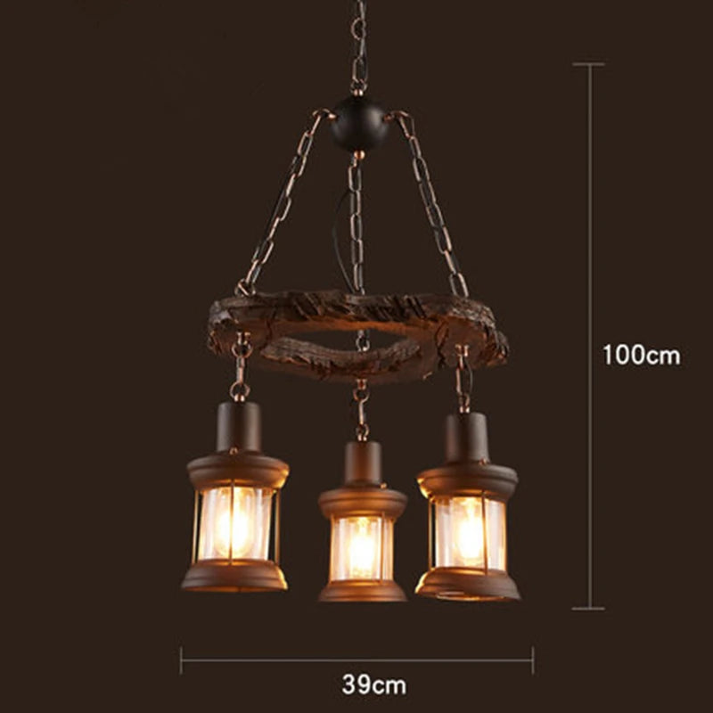 lustre vintage loft en bois avec suspension LED - vue 19 sur 28
