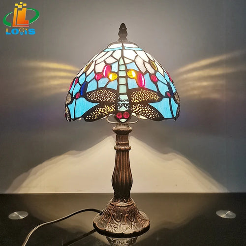 lampe de chevet libellule bleue style européen décoration antique - vue 2 sur 8