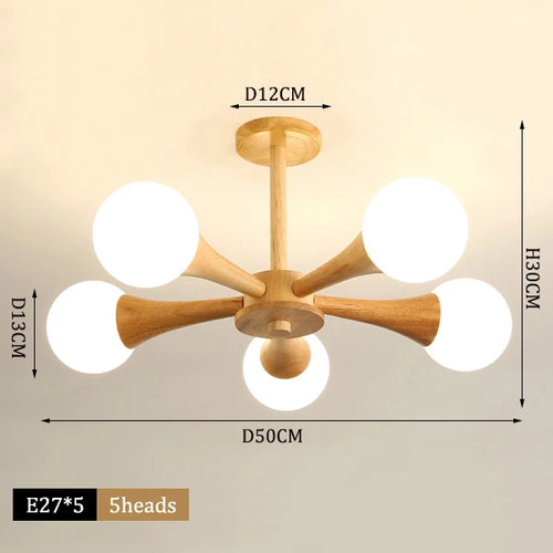 lustre moderne en bois avec abat-jour en verre