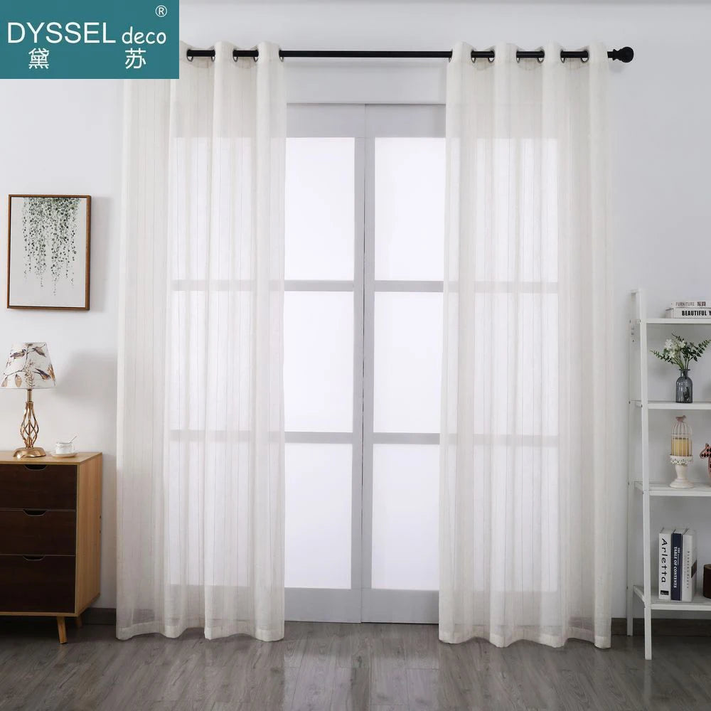 Voilage tulle flammé à rayures style naturel salon chambre - vue 3 sur 7