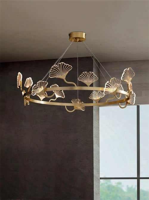 lustre en cuivre simple avec feuilles led style chinois - vue 3 sur 9