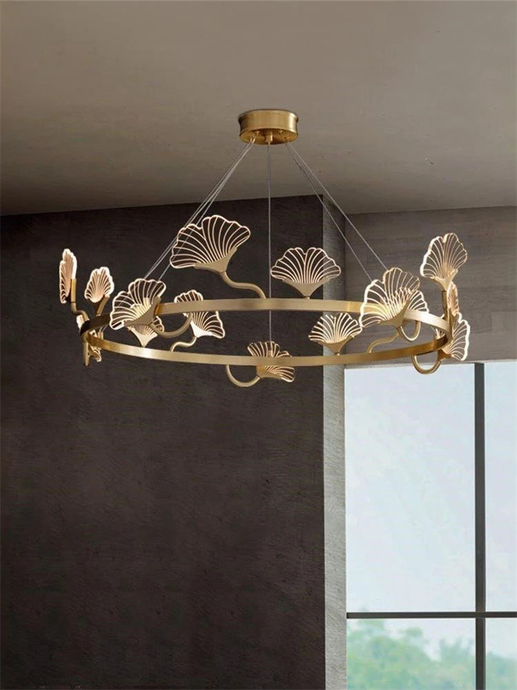 lustre en cuivre simple avec feuilles design led style chinois - vue 2 sur 9