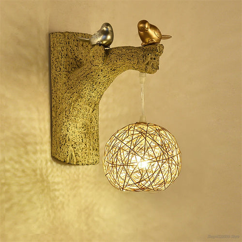 applique murale style chinois oiseaux résine rotin éclairage déco - vue 4 sur 8
