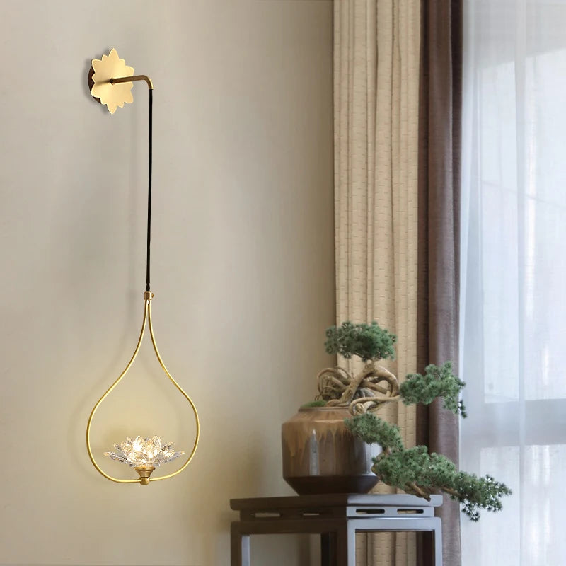Étude G9 LED Lotus appliques murales pour salon Restaurant lecture éclairage chinois cuivre longue applique murale en cristal Lampara Pared - vue 3 sur 6