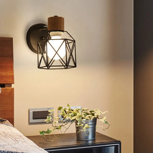 applique murale led moderne en bois avec cage en fer - vue 2 sur 9