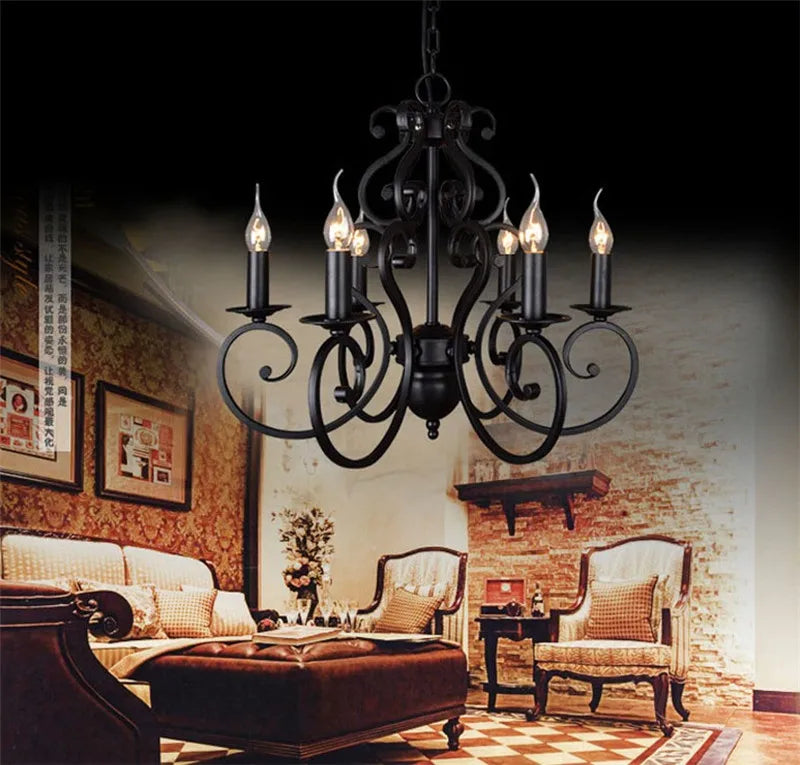lustre vintage en fer forgé noir pour éclairage intérieur - vue 6 sur 6