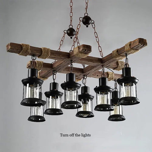 lustre industriel rétro en bois et fer avec 8 lampes - vue 5 sur 7