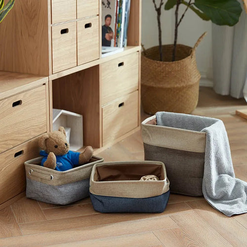 paniers de rangement en coton et lin double couche grand format - vue 2 sur 8