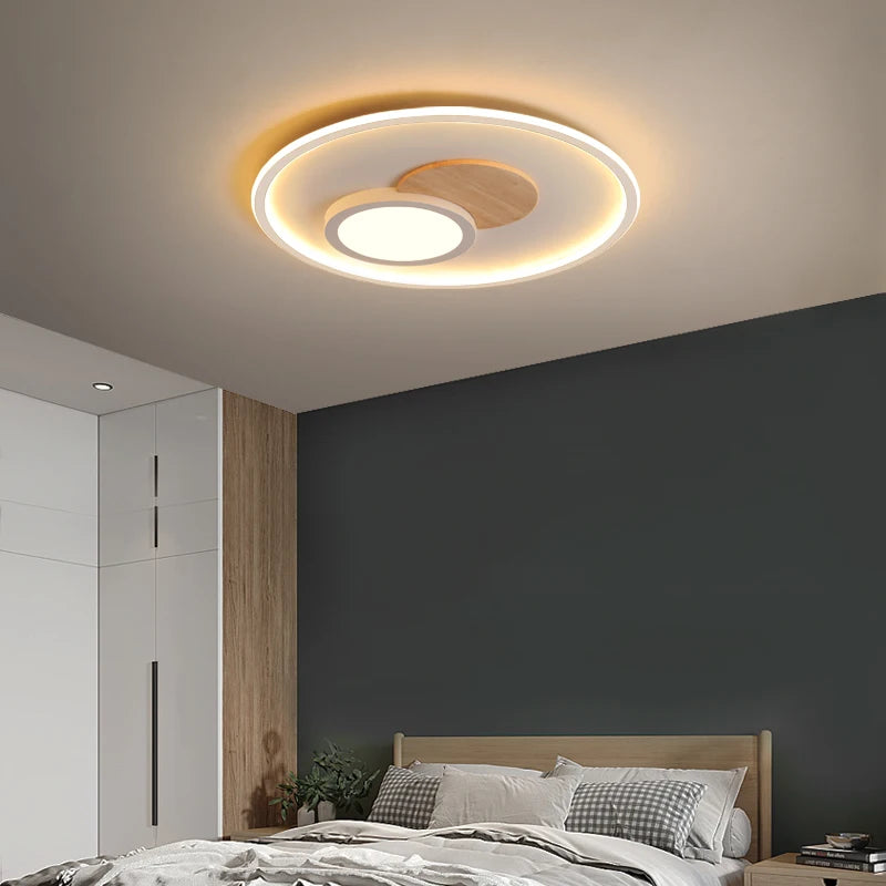 plafond moderne à leds en bois véritable éclairage rond - vue 4 sur 16
