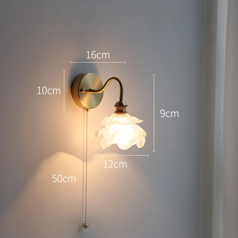 Applique murale fleur verre cuivre tirer chaîne interrupteur LED chambre salle de bain miroir escalier lumière nordique moderne - vue 8 sur 22