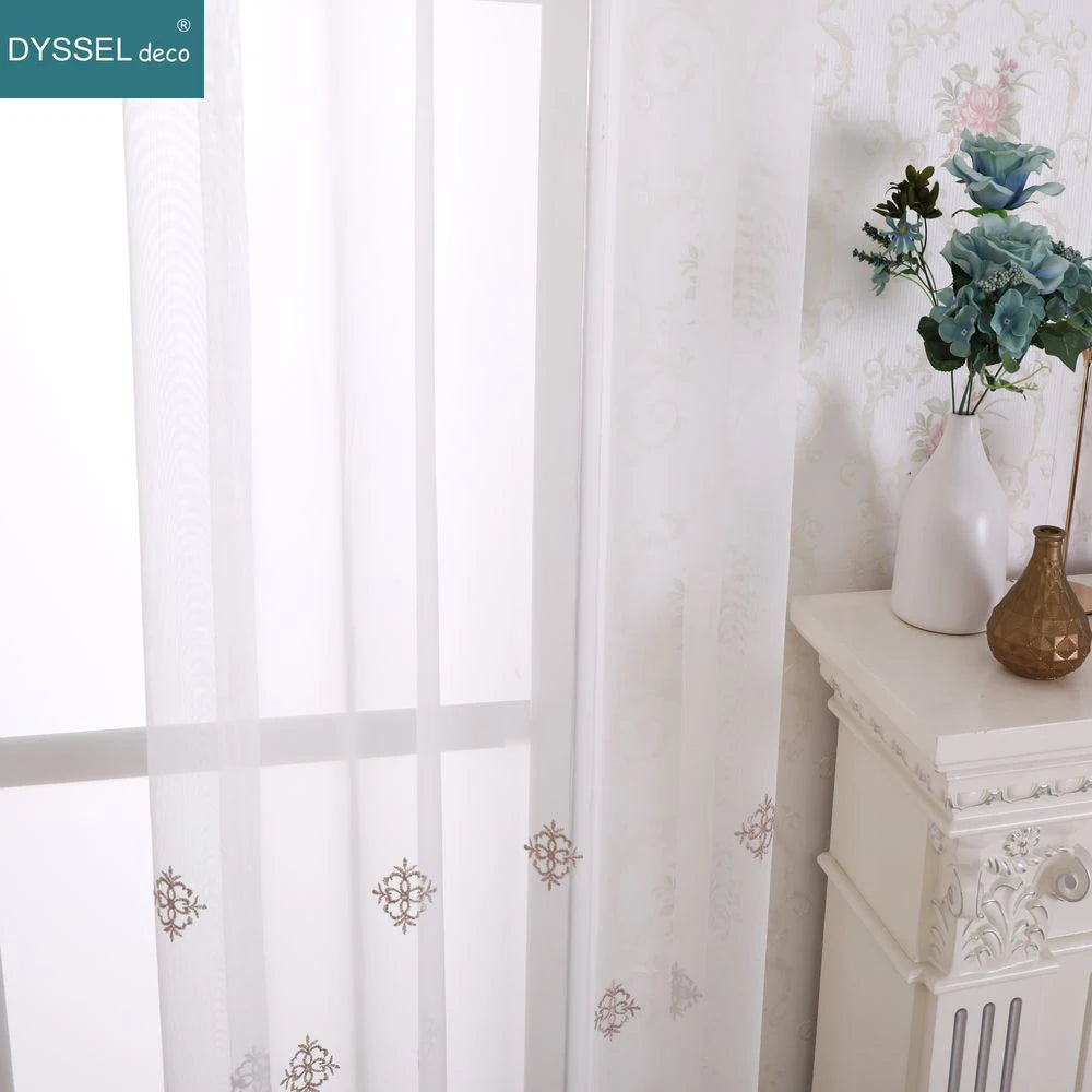 Voilage tulle brodé fleurs bord festonné style européen - vue 6 sur 8