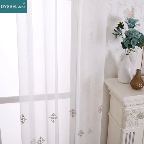 Voilage tulle brodé fleurs bord festonné style européen - vue 7 sur 8