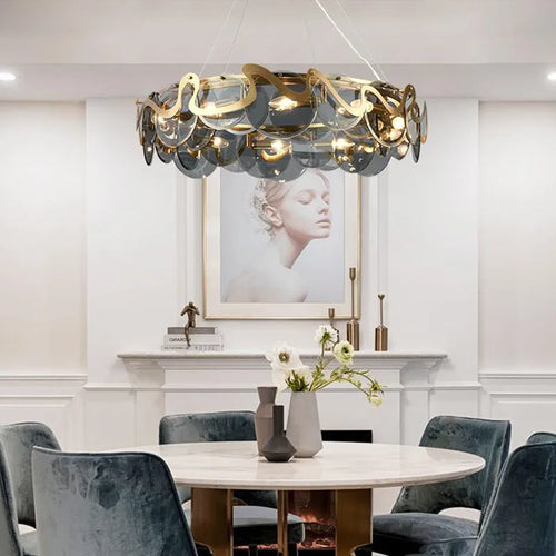 lustre rond en verre et fer pour éclairage intérieur - vue 9 sur 12
