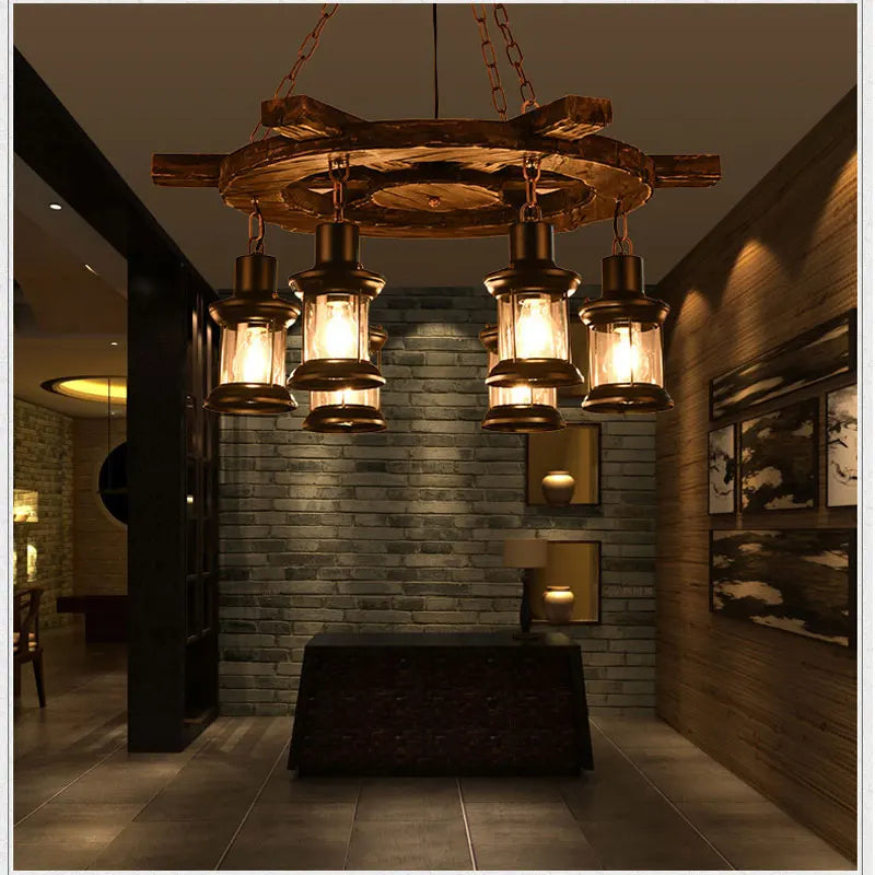 lustre industriel vintage pour bar café restaurant en bois - vue 4 sur 7