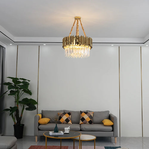 lustre moderne en cristal doré avec lampe led ronde - vue 3 sur 6