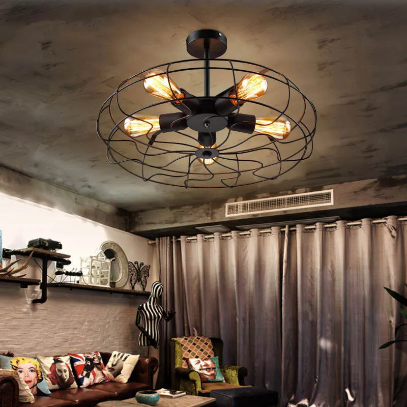 ventilateur plafonnier rétro loft suspension luminaire lustre - vue 3 sur 9