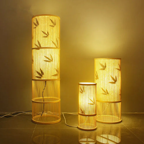 lampadaire japonais moderne en bois de bambou fait main - vue 2 sur 18
