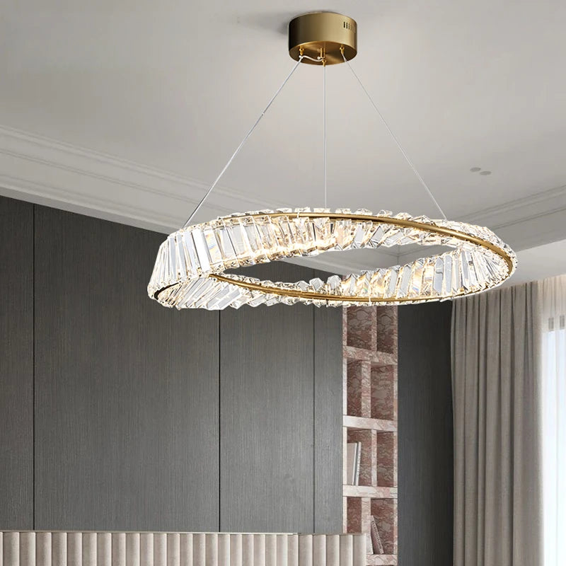 lustre moderne de luxe en cristal lampe annulaire suspendue - vue 5 sur 9