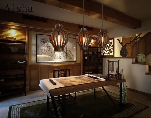 lustre rétro en bois style asiatique pour décoration intérieure - vue 5 sur 7