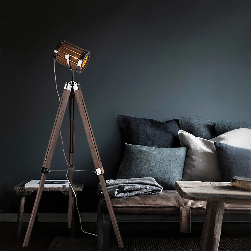 lampadaire rétro en bois massif au style industriel - vue 3 sur 10